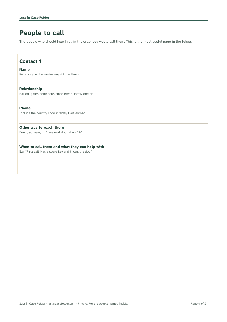 Printable folder page: contacts